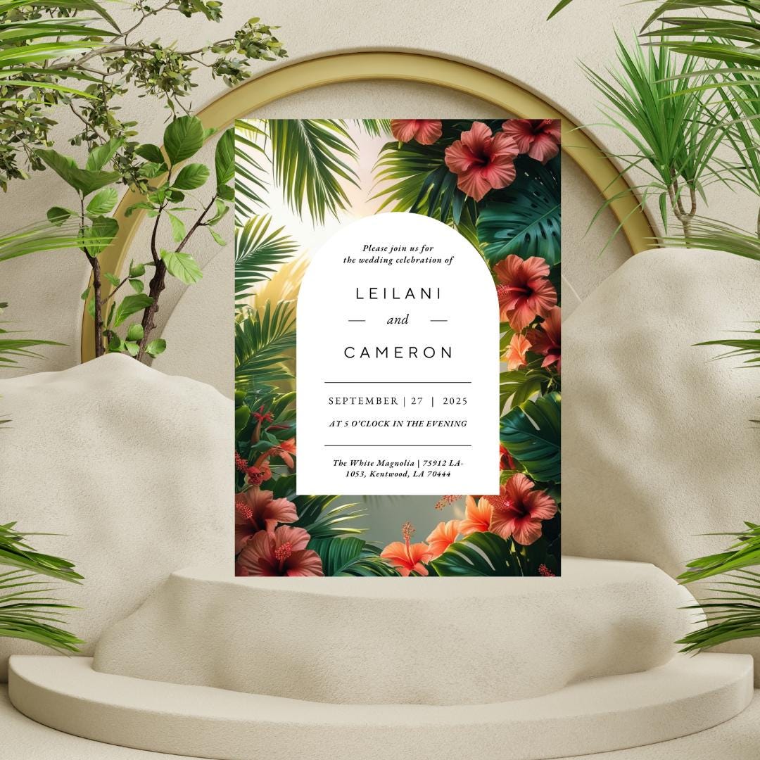Tropical Floral Wedding Invitation Template | Editable Canva Download | Hibiscus & Palm Leaves Summer Invite |