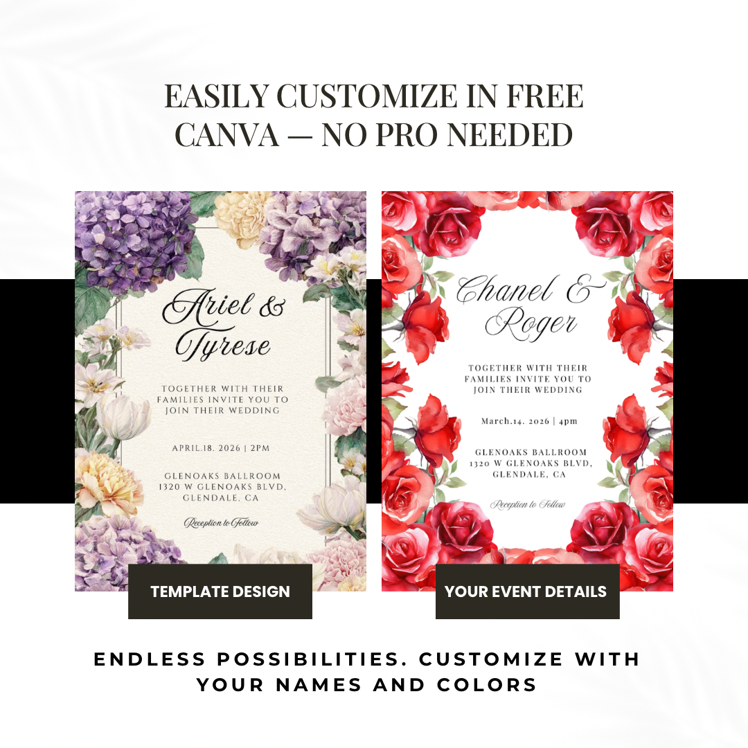 Purple & Yellow Floral Wedding Invitation Template | Printable Canva Design | Elegant Cream Invite