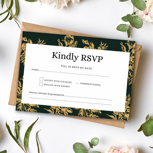 Emerald and Gold Floral Wedding Invitation and RSVP Cards Template