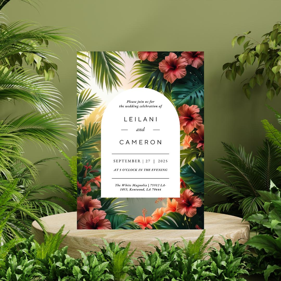 Tropical Floral Wedding Invitation Template | Editable Canva Download | Hibiscus & Palm Leaves Summer Invite |