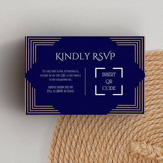 Royal Blue & Gold Wedding Invitation and RSVP Cards Template | Art Deco Canva Design