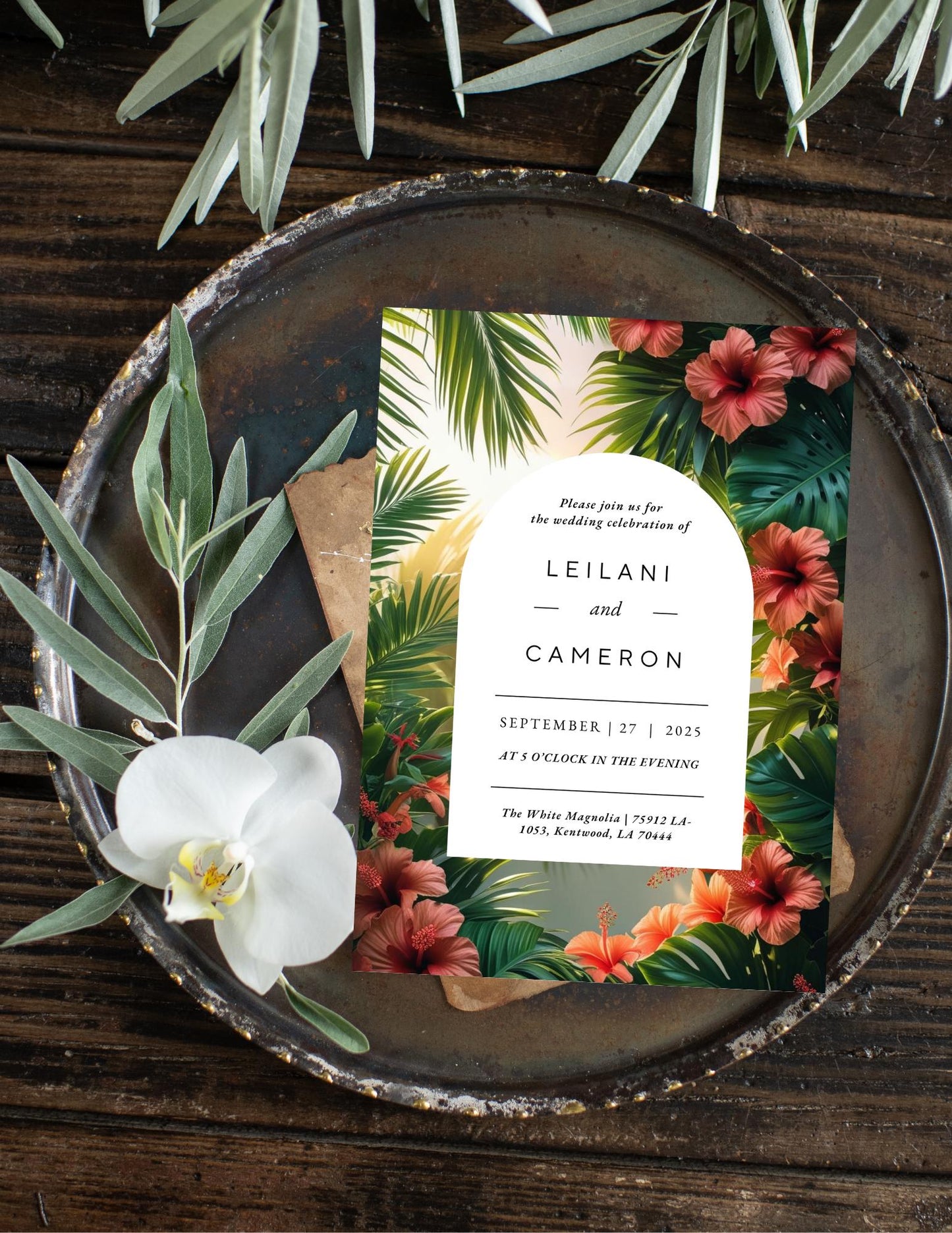 Tropical Floral Wedding Invitation Template | Editable Canva Download | Hibiscus & Palm Leaves Summer Invite |