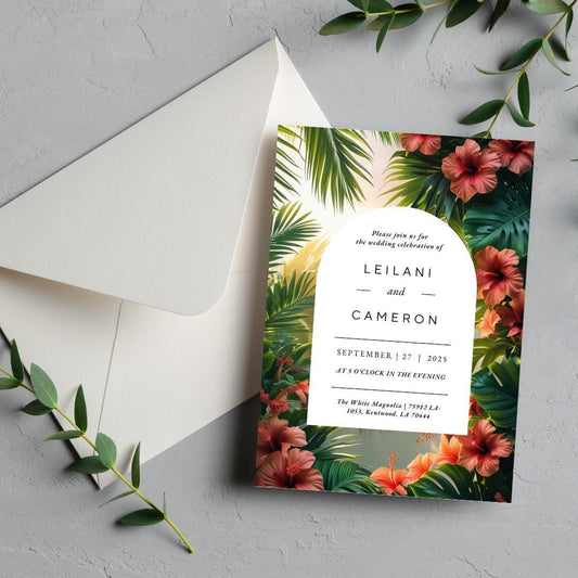 Tropical Floral Wedding Invitation Template | Editable Canva Download | Hibiscus & Palm Leaves Summer Invite |