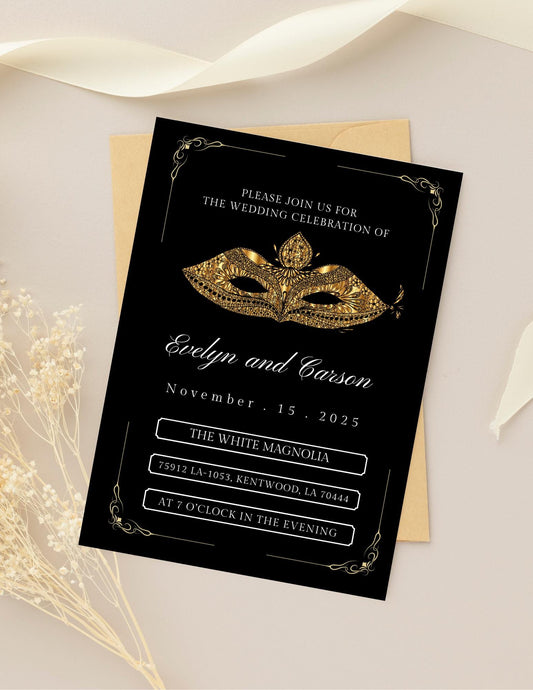 Masquerade Ball Wedding Invitation Template | Black & Gold Glam Canva Invite