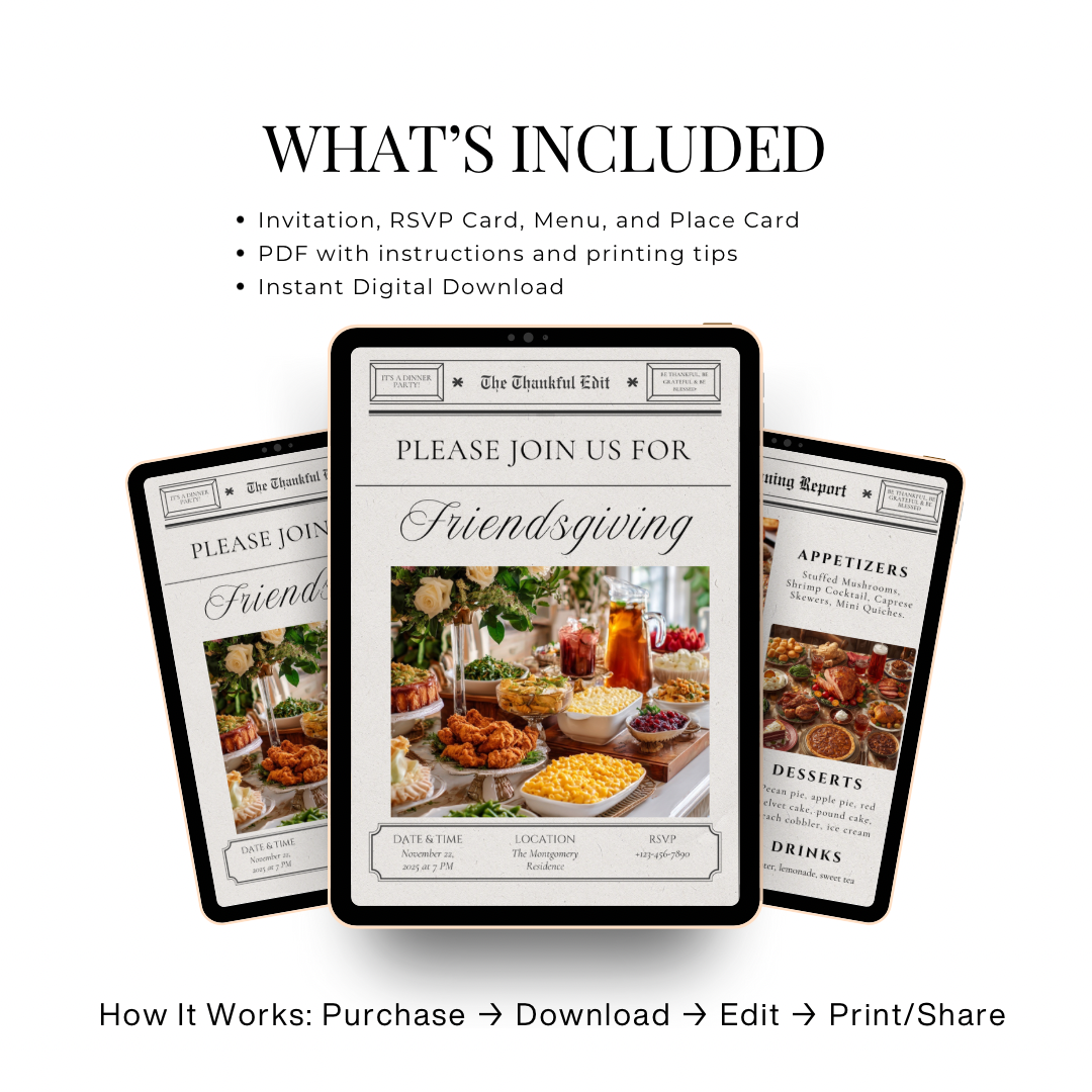 Newspaper Friendsgiving Invitation Suite | Thanksgiving Dinner Invitation Templates