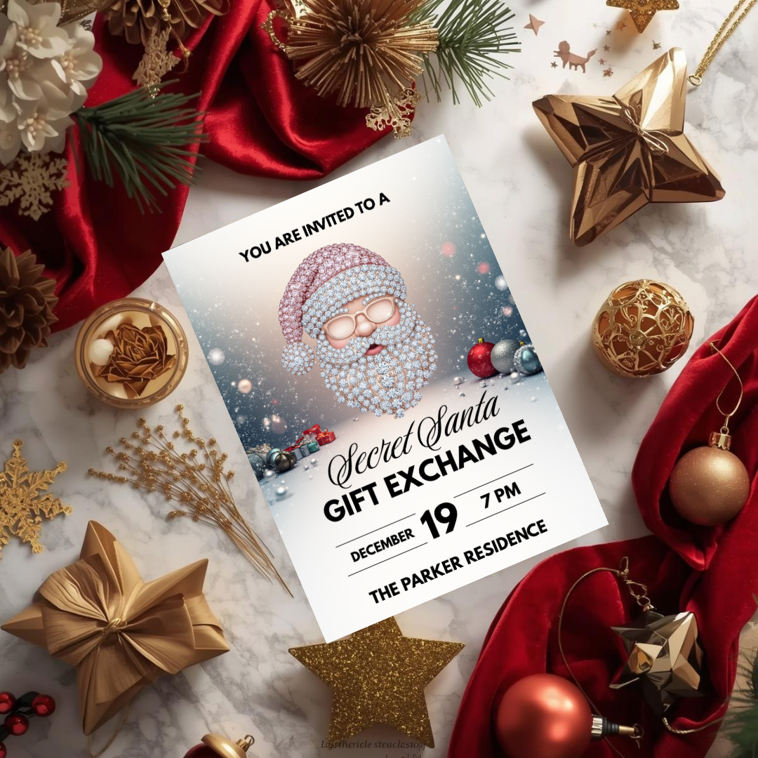 Glam Secret Santa Invitation | Pink Rhinestone Santa Holiday Party Invite | Editable Canva Template | Christmas Gift Exchange Invitation