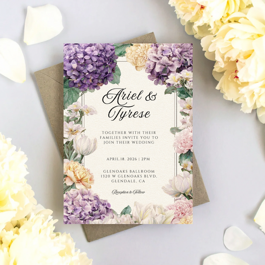 Purple & Yellow Floral Wedding Invitation Template | Printable Canva Design | Elegant Cream Invite