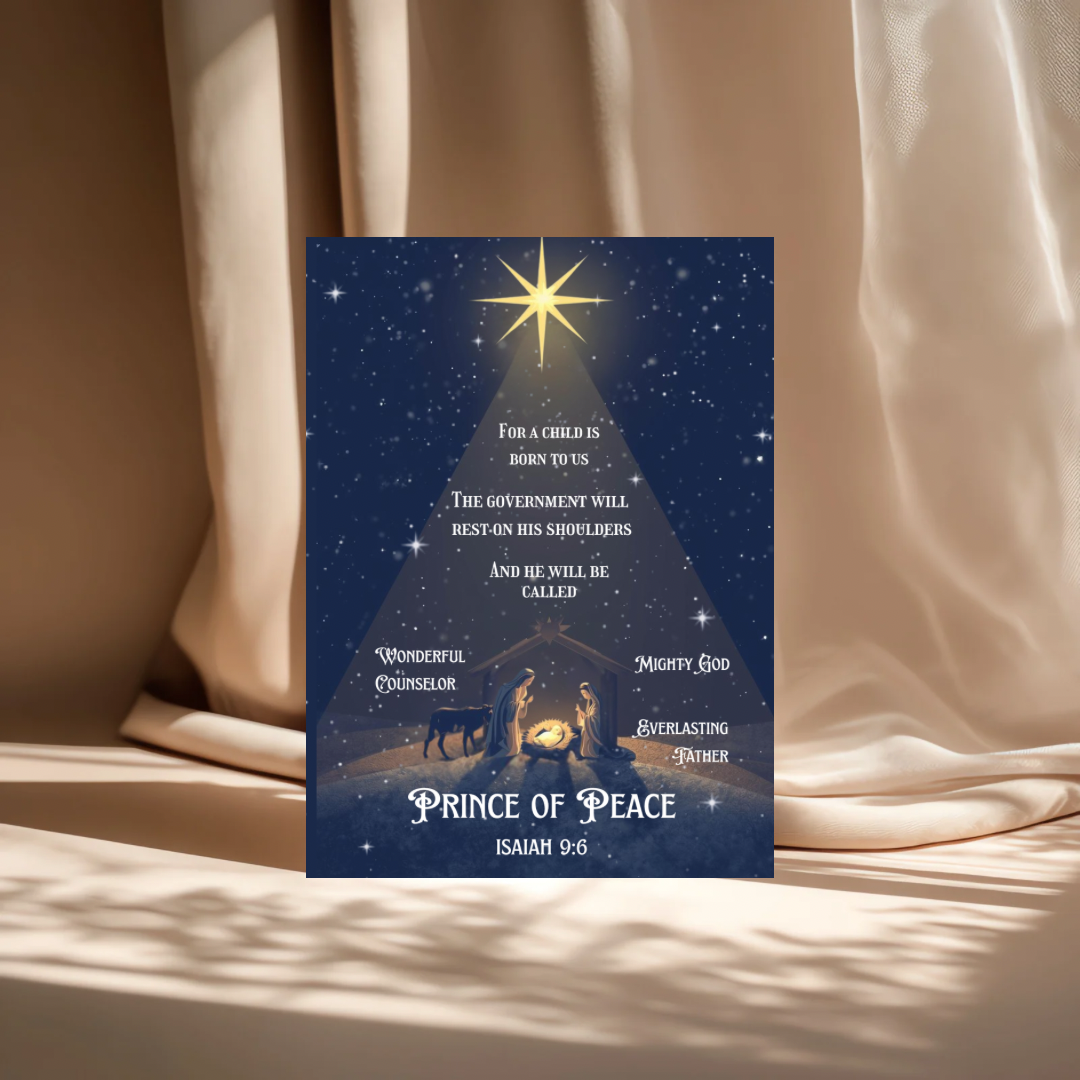 Christian Christmas Card Isaiah 9:6 | Blue & Gold Scripture Christmas Card | Editable Canva Template | Printable Religious Holiday Card
