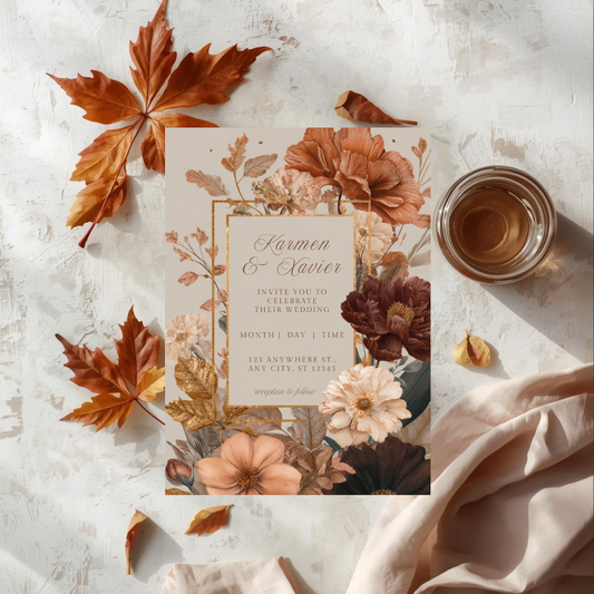 Autumn Floral Wedding Invitation Template | Rust & Cream Printable | Elegant Canva Design