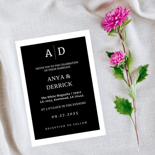 Minimalist Black & White Wedding Invitation | Modern Canva Template
