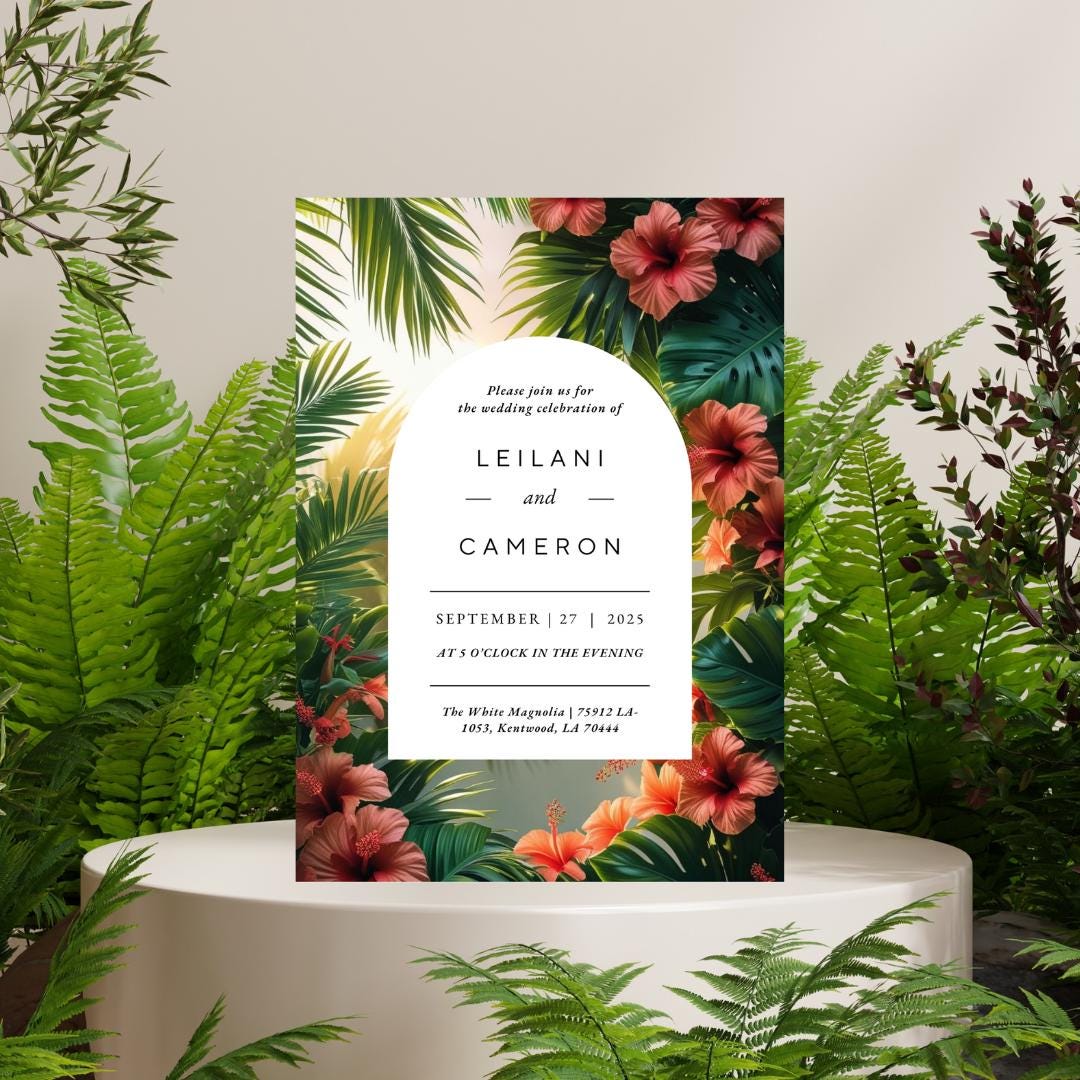 Tropical Floral Wedding Invitation Template | Editable Canva Download | Hibiscus & Palm Leaves Summer Invite |