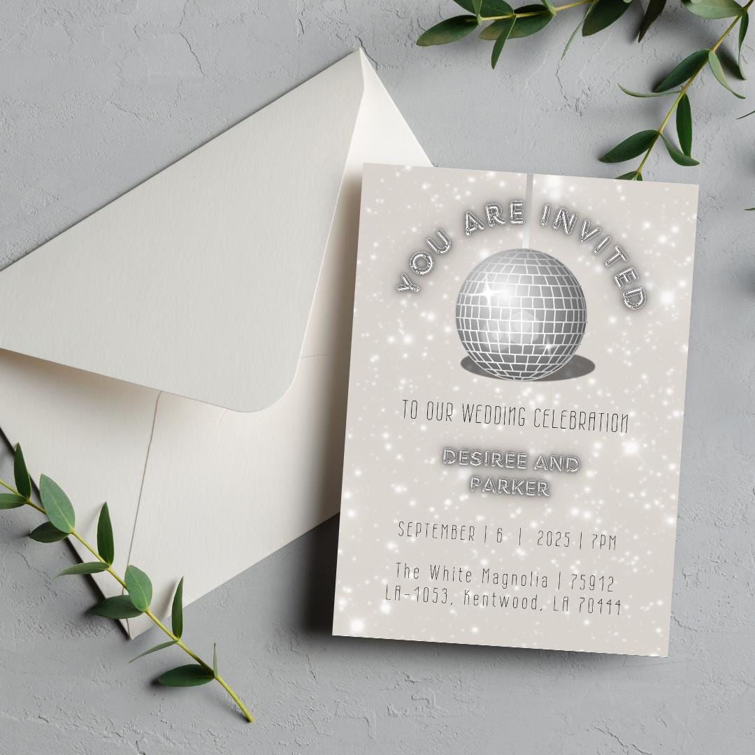 Disco Ball Wedding Celebration Invite | Retro Silver Canva Template