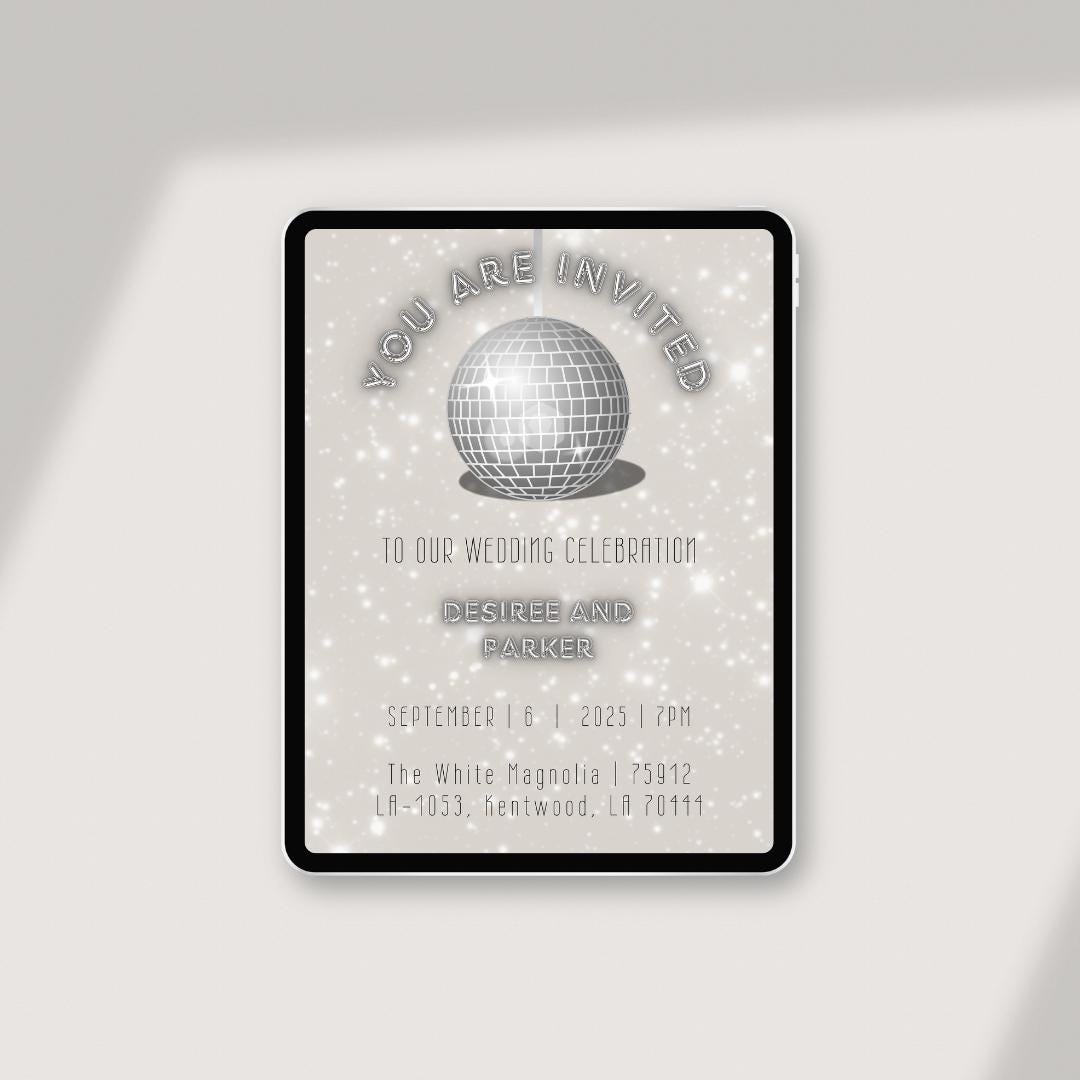 Disco Ball Wedding Celebration Invite | Retro Silver Canva Template