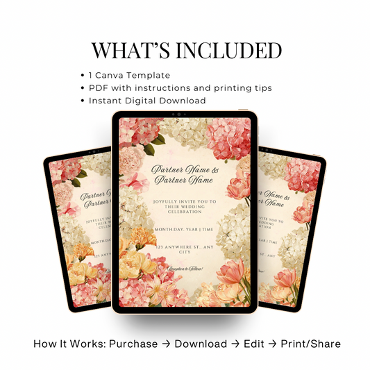 Romantic Floral Wedding Invitation Template | Peach & Pink Printable | Elegant Canva Design