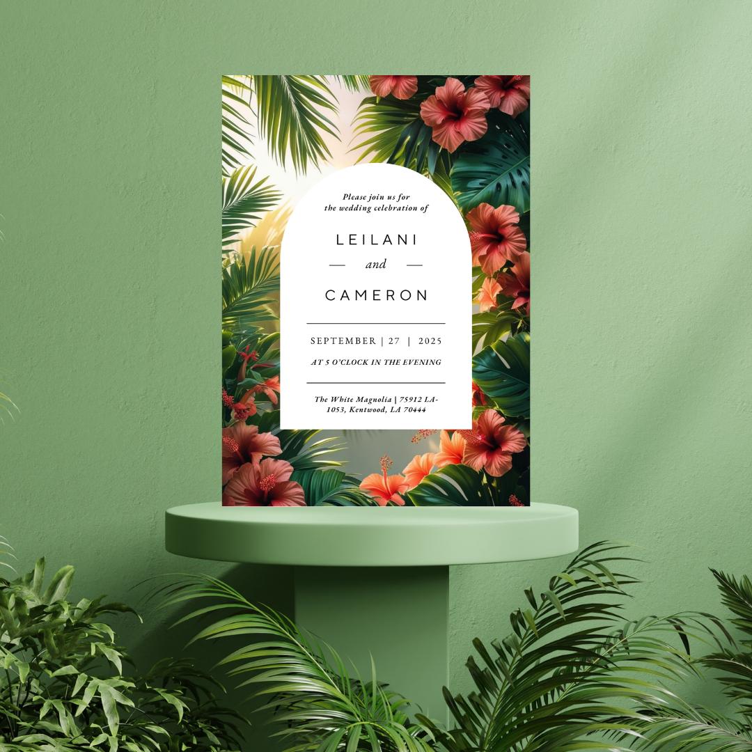 Tropical Floral Wedding Invitation Template | Editable Canva Download | Hibiscus & Palm Leaves Summer Invite |