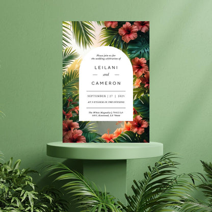 Tropical Floral Wedding Invitation Template | Editable Canva Download | Hibiscus & Palm Leaves Summer Invite |