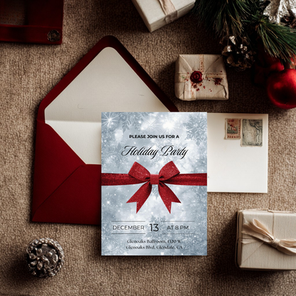 Classic Holiday Party Invitation – Red Bow & Snowflakes Canva Template