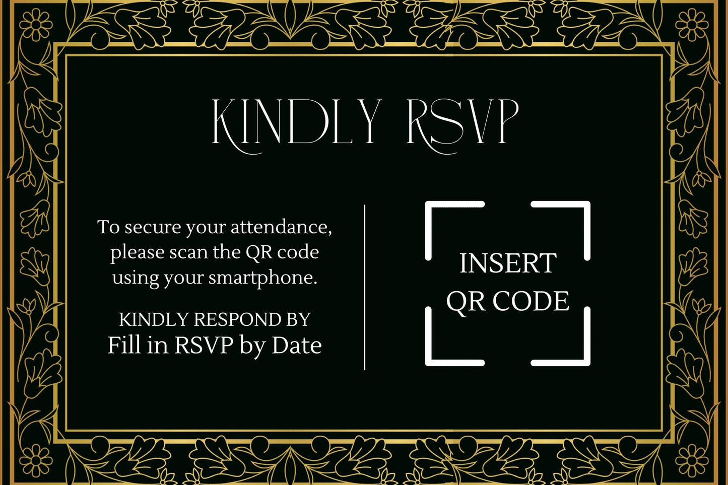 Black & Gold Wedding Invitation and RSVP Cards Template | Luxe Formal Canva Invite