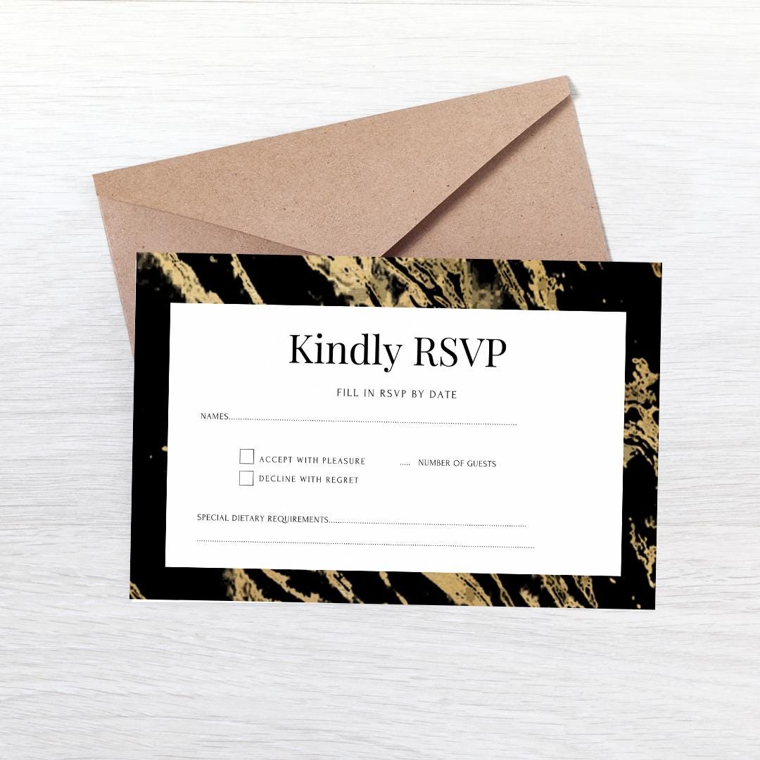 Black and Gold Marble Wedding Invitation and RSVP Cards Template