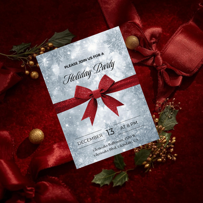 Classic Holiday Party Invitation – Red Bow & Snowflakes Canva Template