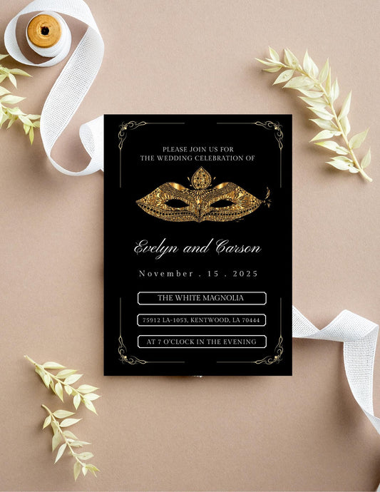 Masquerade Ball Wedding Invitation Template | Black & Gold Glam Canva Invite