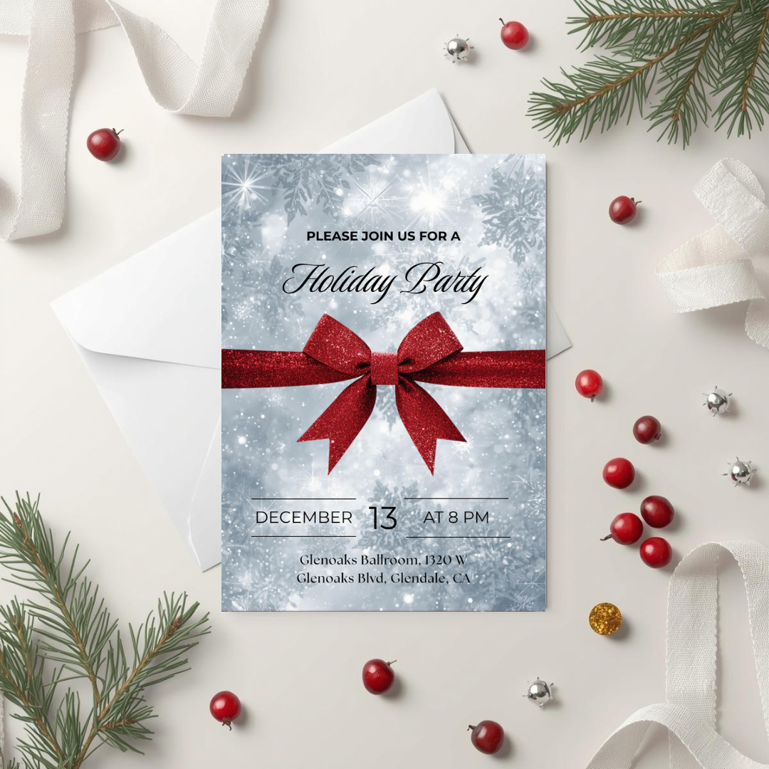 Classic Holiday Party Invitation – Red Bow & Snowflakes Canva Template