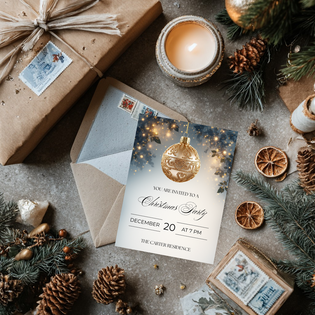 Christmas Party Invitation | Golden Ornament Canva Template