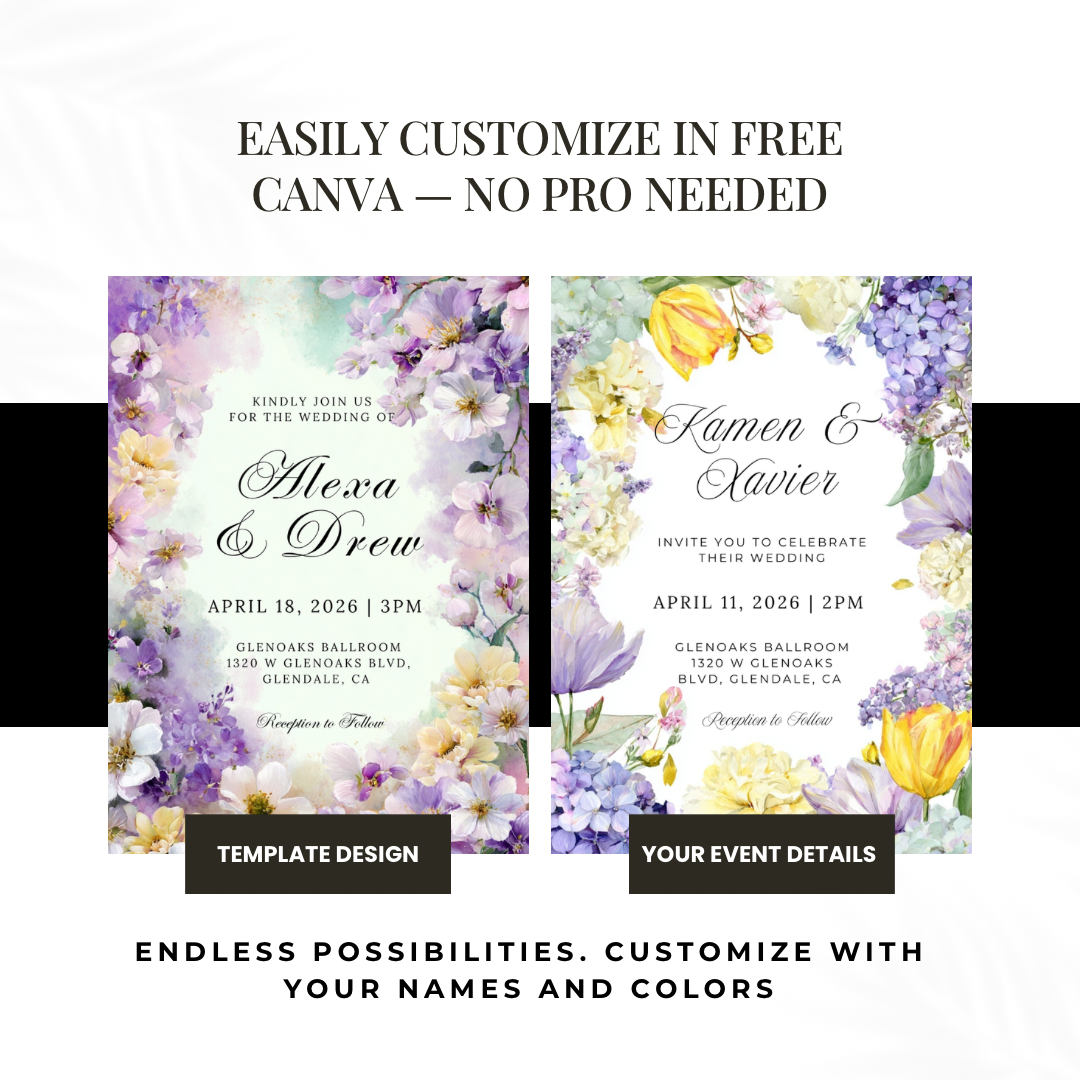 Purple Floral Wedding Invitation Template | Watercolor Pastel Canva Printable | Spring Garden Invite