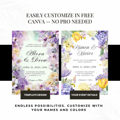 Purple Floral Wedding Invitation Template | Watercolor Pastel Canva Printable | Spring Garden Invite