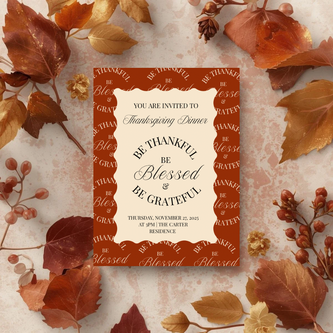 Be Thankful Blessed and Grateful Thanksgiving Invitation Template | Friendsgiving Dinner Party Invite | Fall Gathering Editable Canva Template