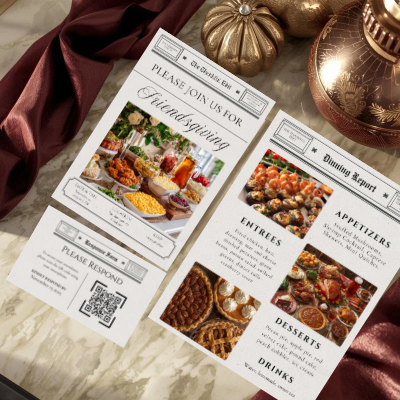 Newspaper Friendsgiving Invitation Suite | Thanksgiving Dinner Invitation Templates