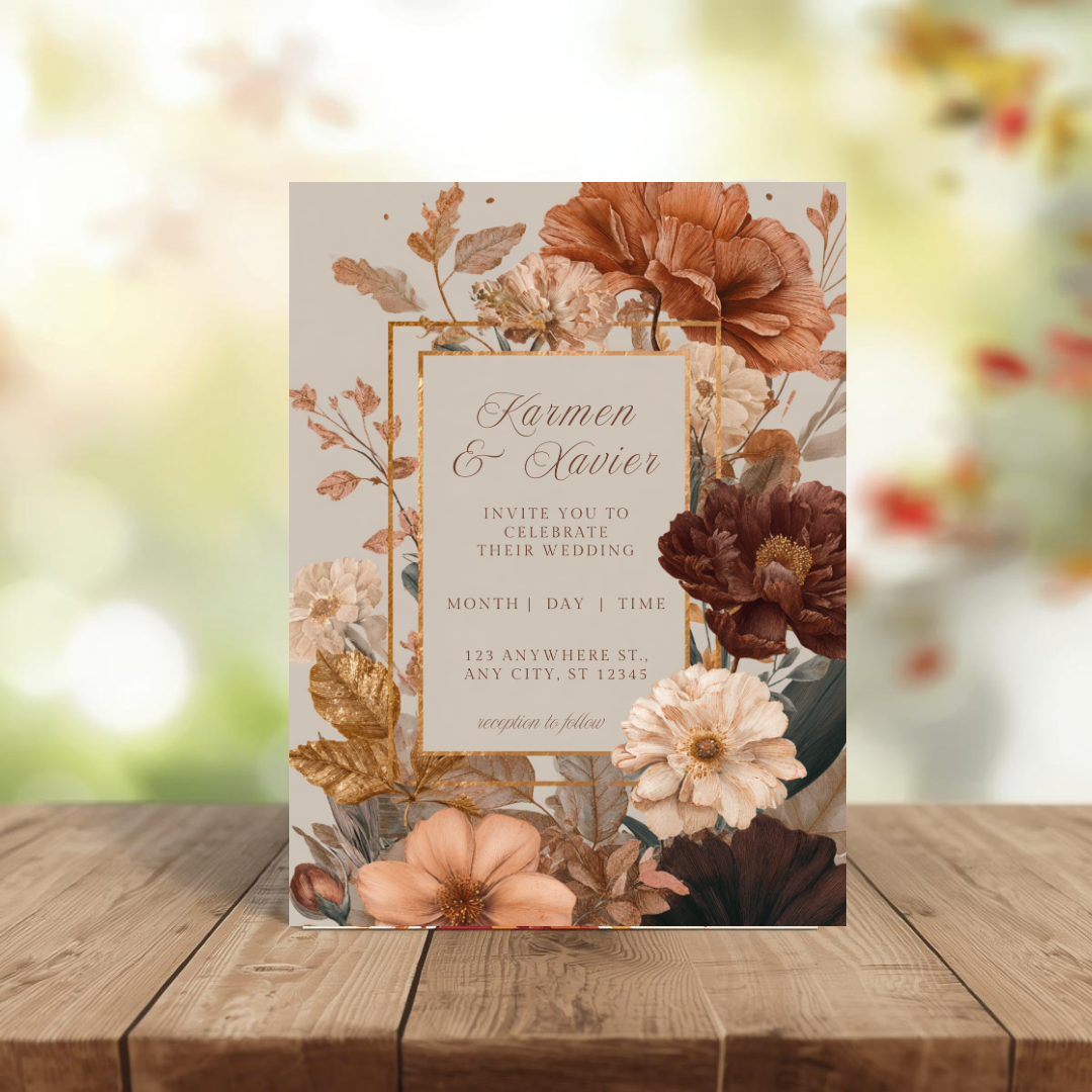 Autumn Floral Wedding Invitation Template | Rust & Cream Printable | Elegant Canva Design