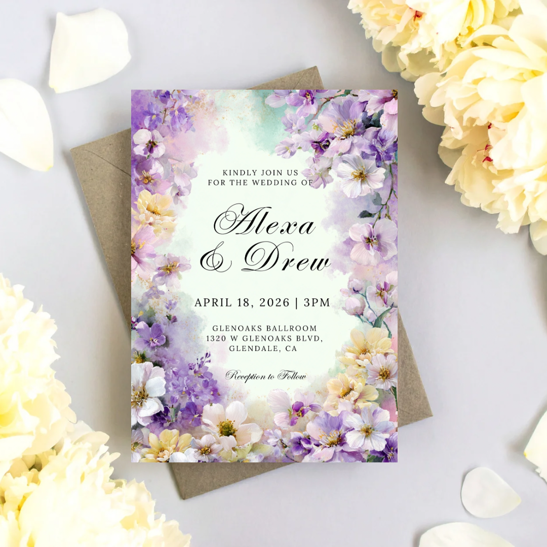 Purple Floral Wedding Invitation Template | Watercolor Pastel Canva Printable | Spring Garden Invite