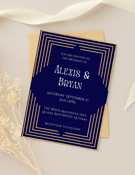 Royal Blue & Gold Wedding Invitation and RSVP Cards  Template | Art Deco Canva Design