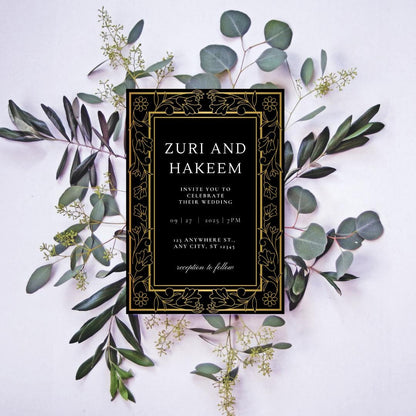 Black & Gold Wedding Invitation and RSVP Cards Template | Luxe Formal Canva Invite