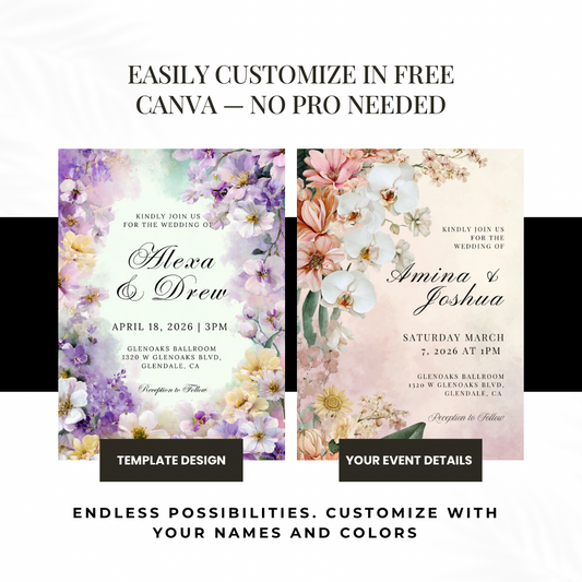 Purple Floral Wedding Invitation Template | Watercolor Pastel Canva Printable | Spring Garden Invite