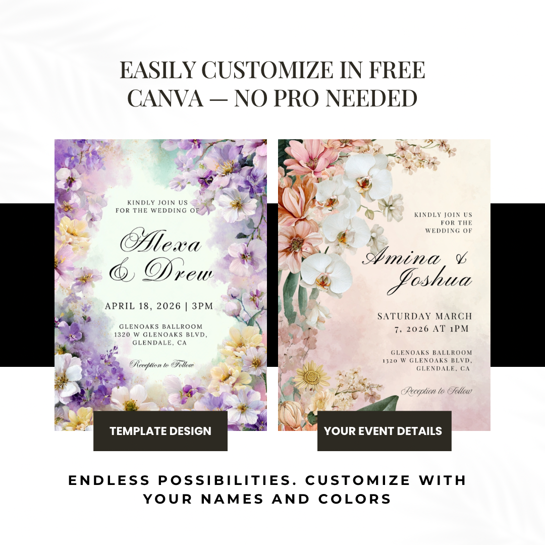 Purple Floral Wedding Invitation Template | Watercolor Pastel Canva Printable | Spring Garden Invite