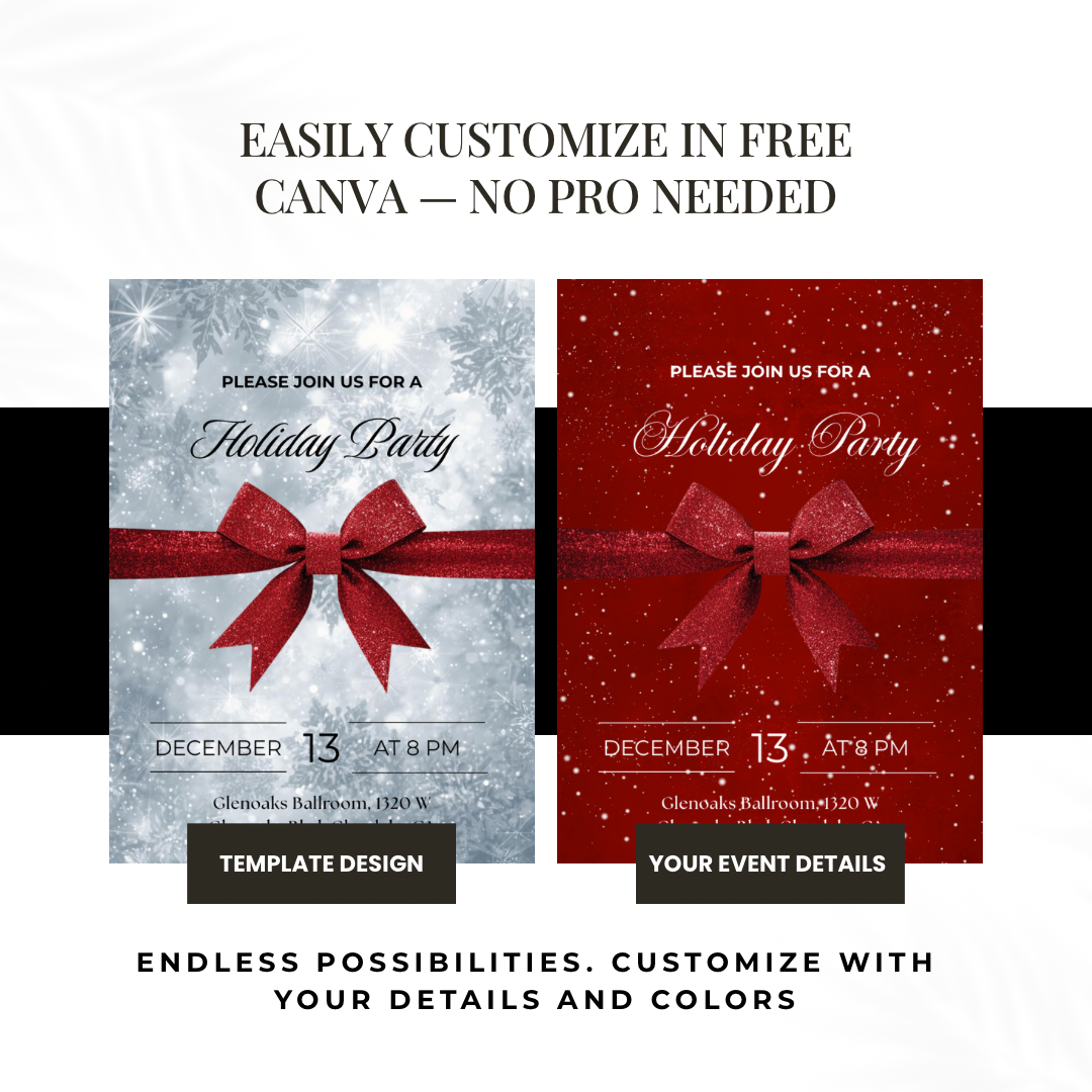 Classic Holiday Party Invitation – Red Bow & Snowflakes Canva Template