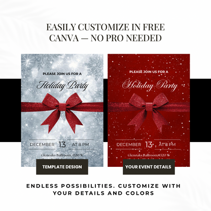 Classic Holiday Party Invitation – Red Bow & Snowflakes Canva Template
