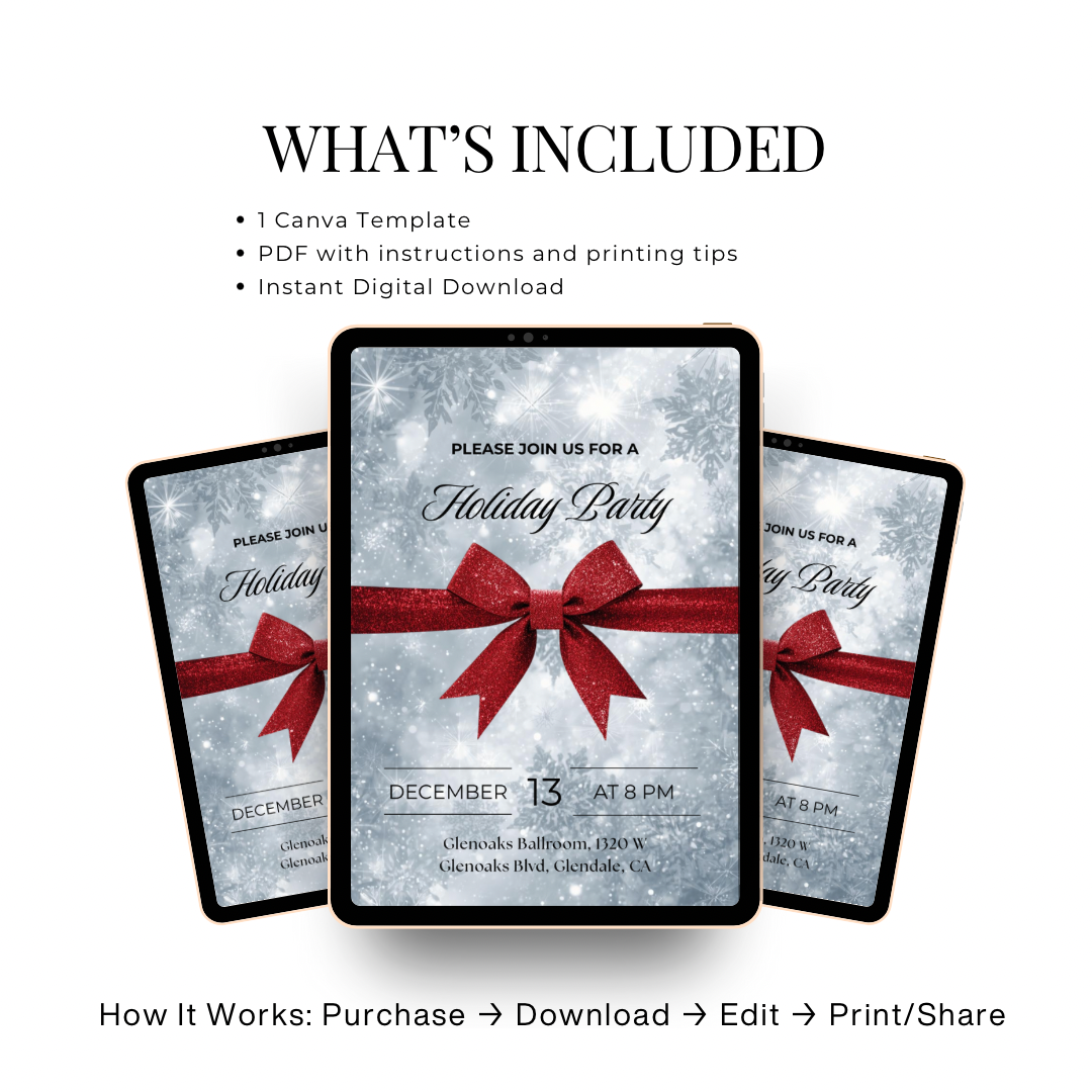 Classic Holiday Party Invitation – Red Bow & Snowflakes Canva Template