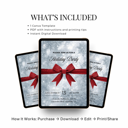 Classic Holiday Party Invitation – Red Bow & Snowflakes Canva Template