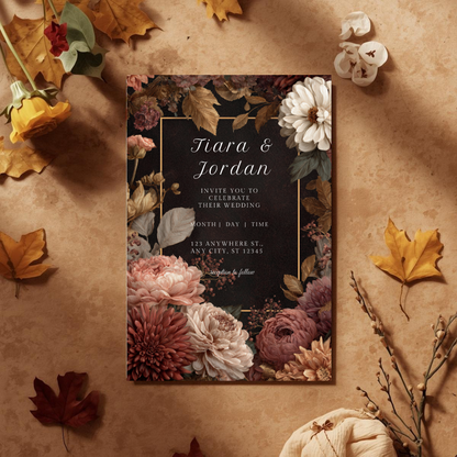 Dark Floral Wedding Invitation Template | Burgundy & Cream Printable | Elegant Canva Design