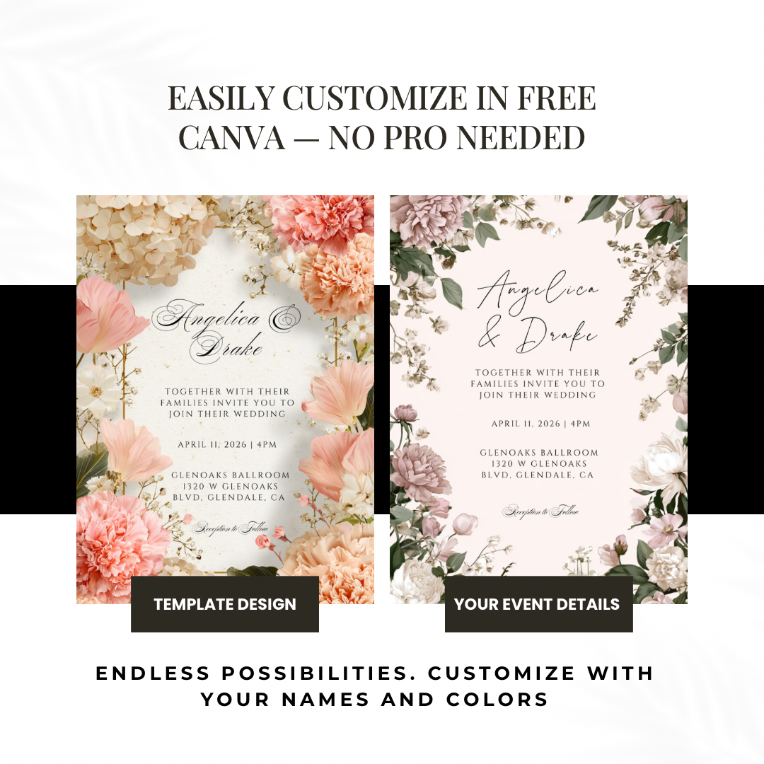 Cream Floral Wedding Invitation Template | Pink Carnation Printable | Elegant Canva Design
