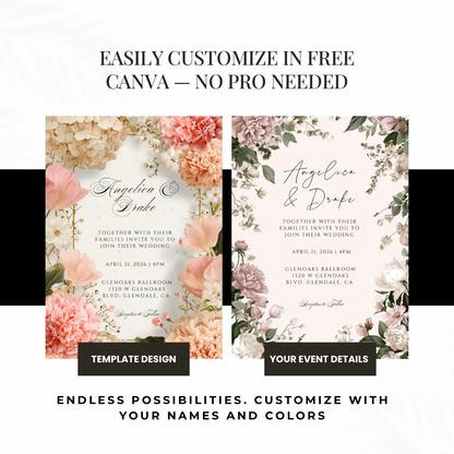 Cream Floral Wedding Invitation Template | Pink Carnation Printable | Elegant Canva Design