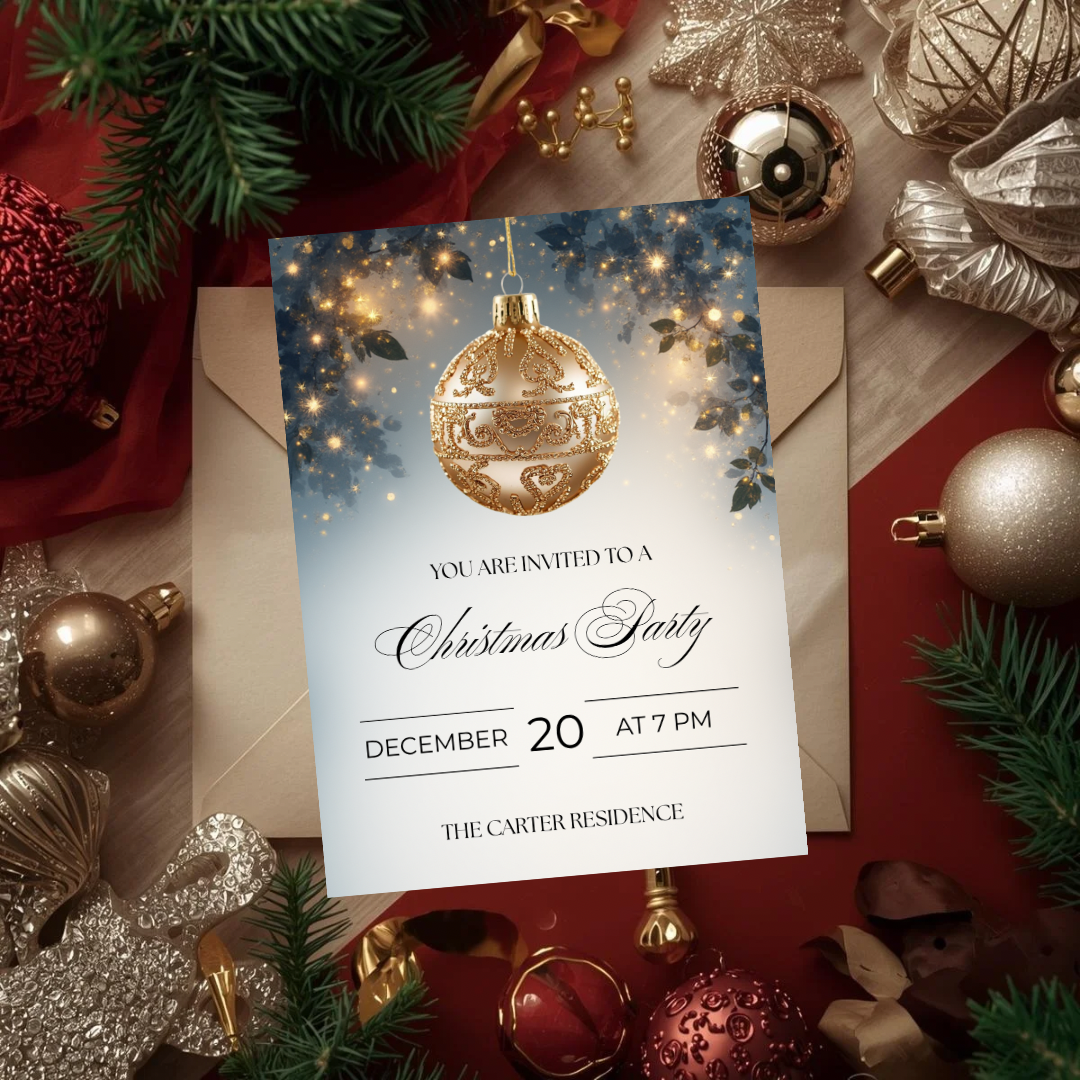 Christmas Party Invitation | Golden Ornament Canva Template