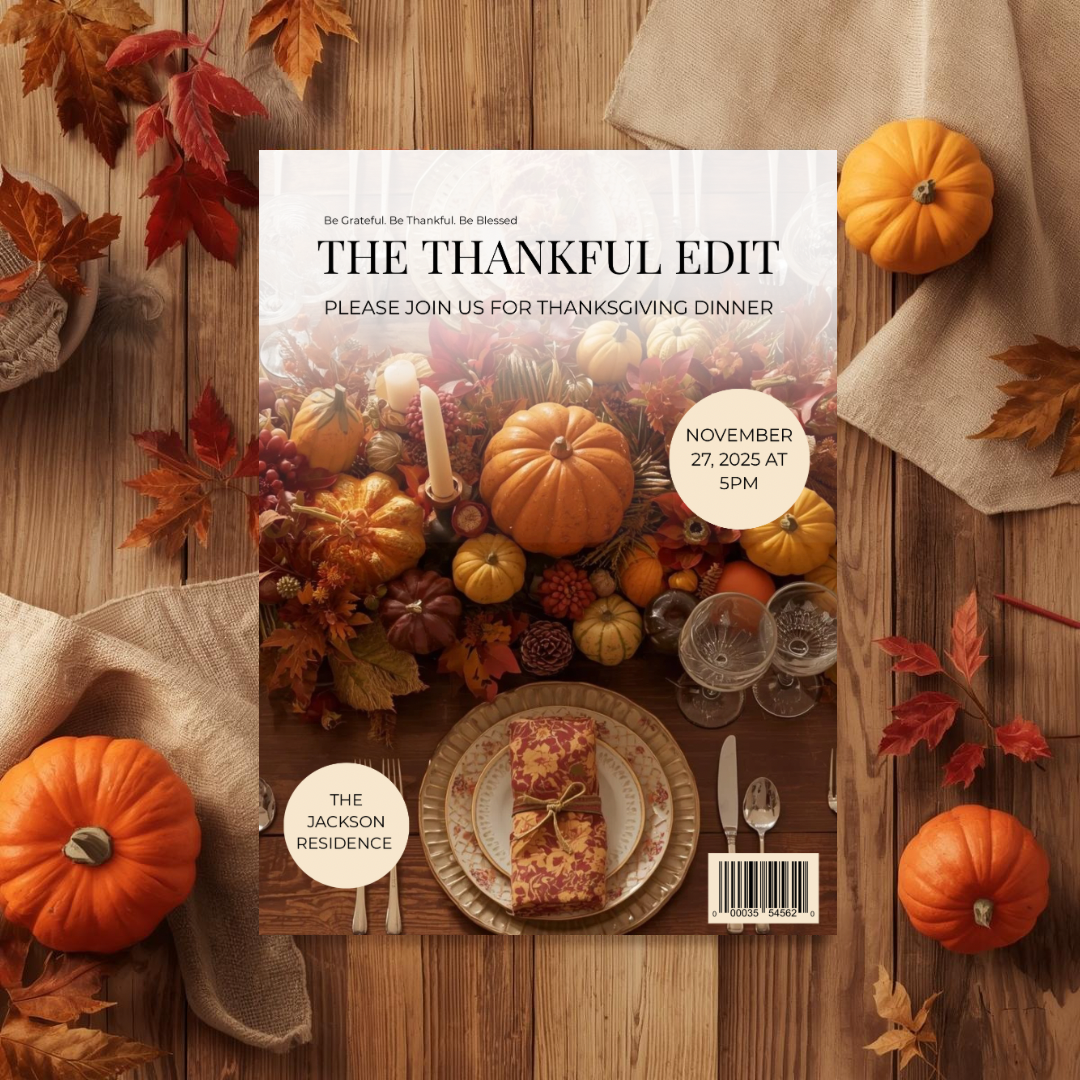 The Thankful Edit | Magazine Style Thanksgiving Invitation Template