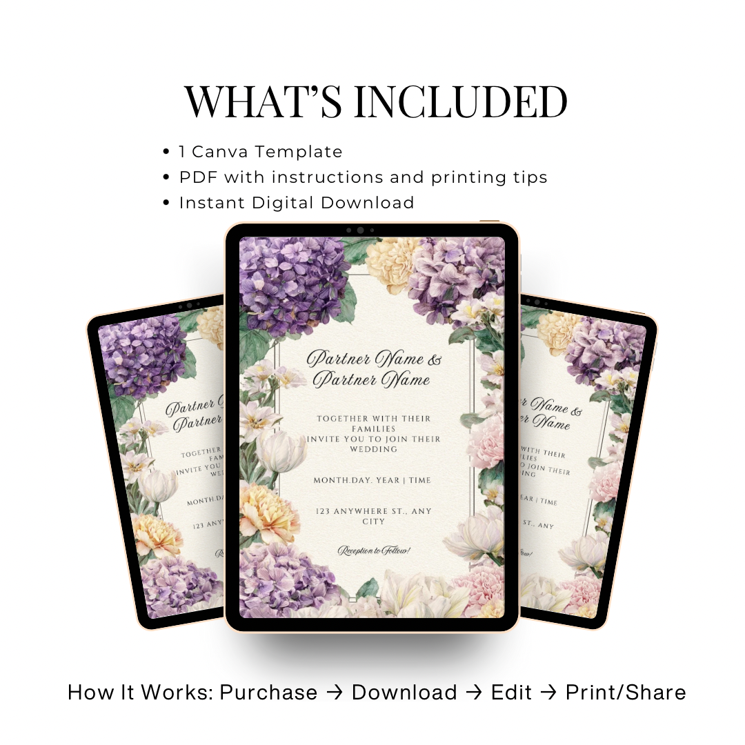 Purple & Yellow Floral Wedding Invitation Template | Printable Canva Design | Elegant Cream Invite