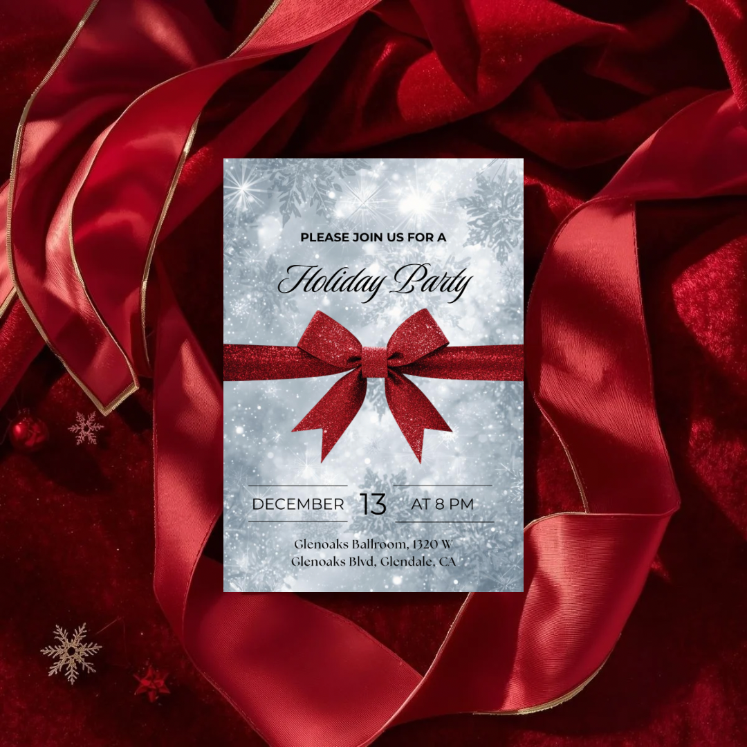 Classic Holiday Party Invitation – Red Bow & Snowflakes Canva Template