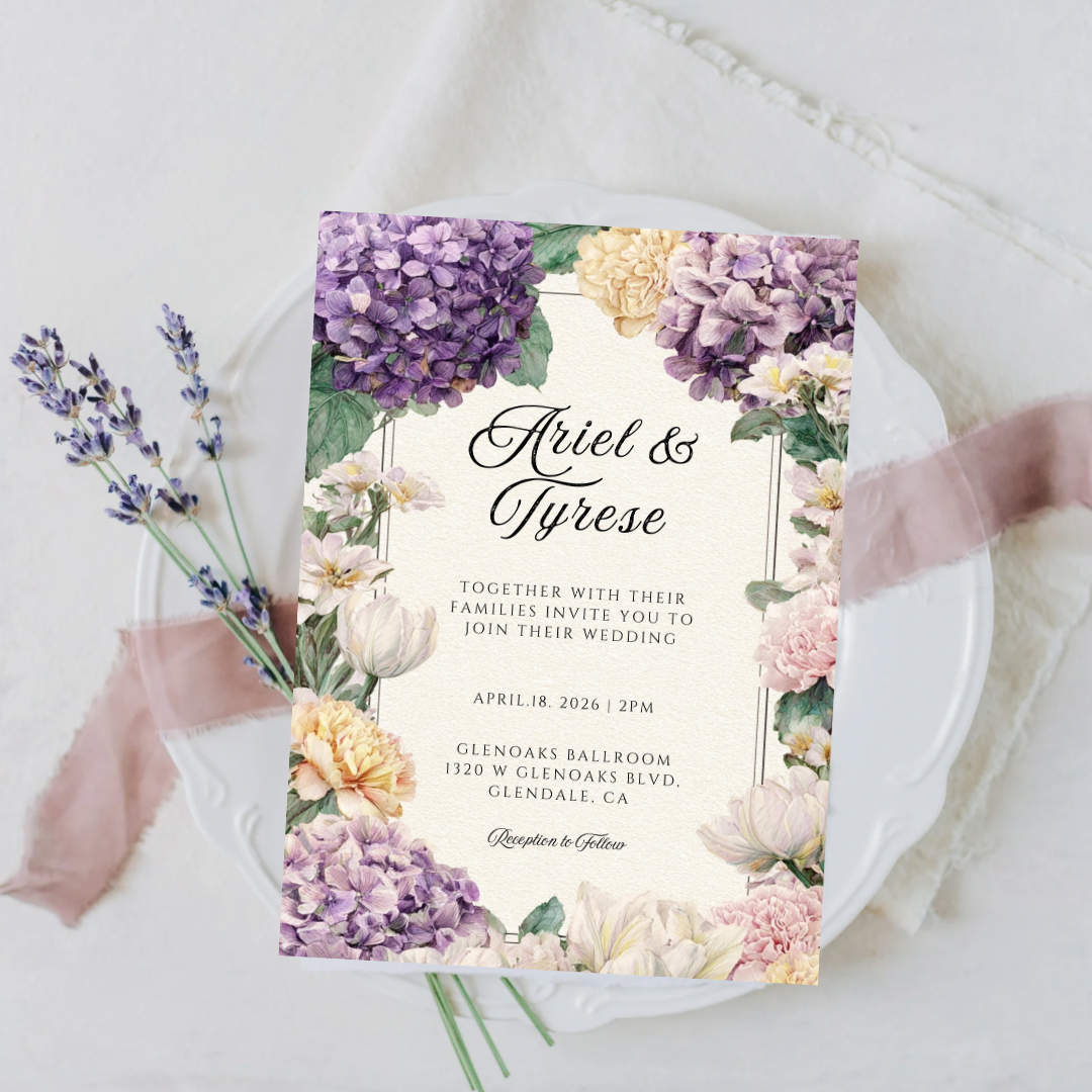 Purple & Yellow Floral Wedding Invitation Template | Printable Canva Design | Elegant Cream Invite