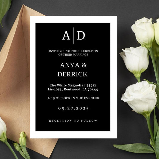 Minimalist Black & White Wedding Invitation | Modern Canva Template